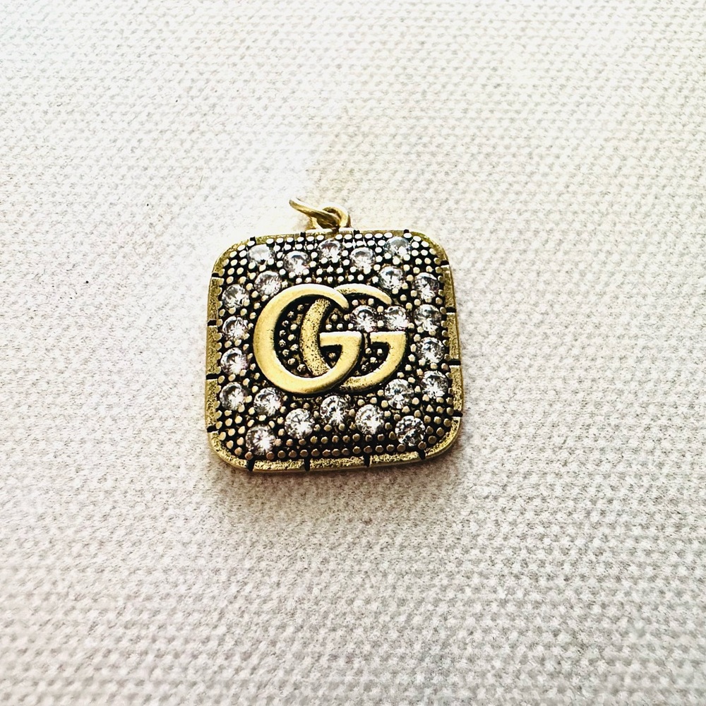 Gucci Upcycled Gold with Silver Crystals Square Pendant, Iconic GG Logo